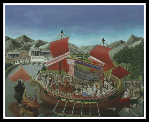 She also had a flair for the flashy that might have helped to catch her men's eyes. Cleopatra's Barge, by Andre Bauchant
