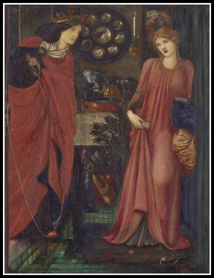 This is Evil Eleanor attacking fair Rosamund Clifford, Henry's mistress (an oft repeated an most likely incorrectly twist in Eleanor's story.) Edward Burne-Jones 1861