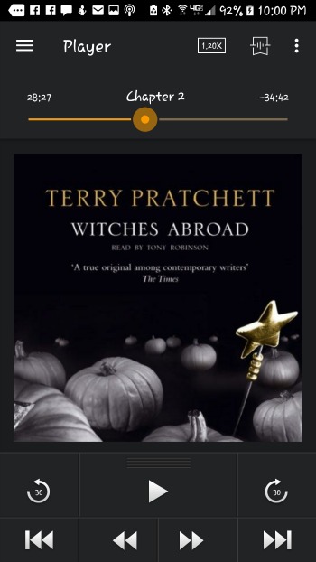 FIction-- Witches Abroad by Terry Pratchett- part of the Discworld Series. Also proof that Susan has begun it, and the Android Rosemary font that she prefers and makes Beckett's eye twitch.